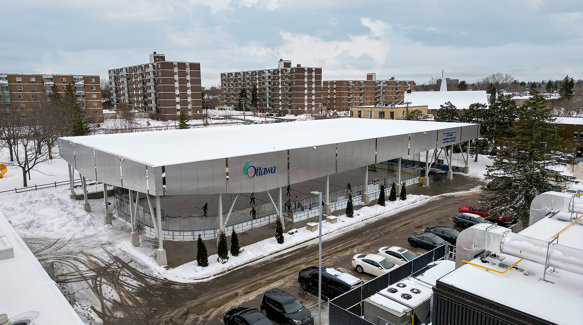 Photo of a covered outdoor hockey rink front